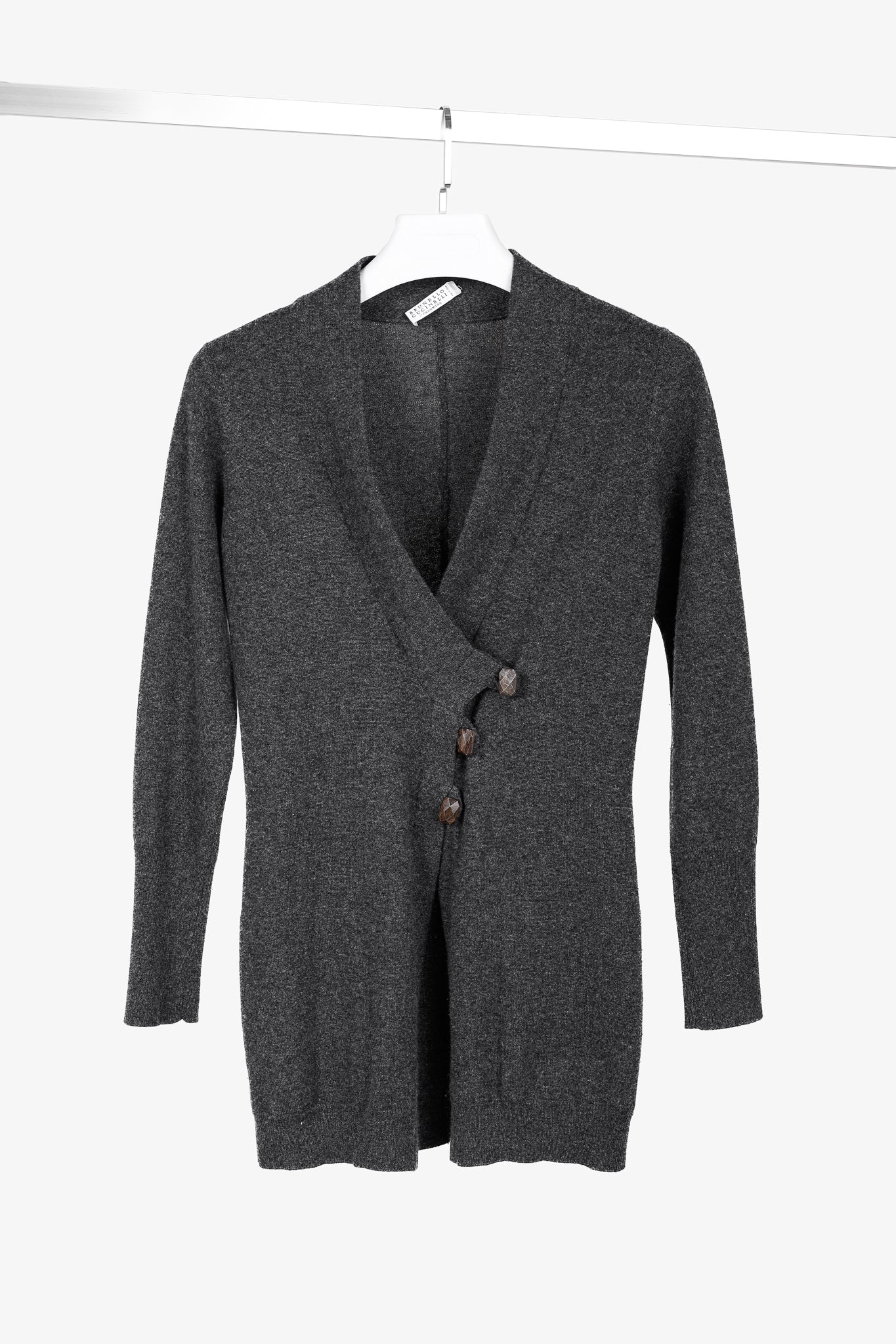 Brunello Cucinelli Grey Cashmere Buttoned V-Neck Cardigan