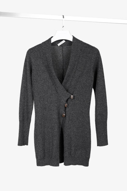 Brunello Cucinelli Grey Cashmere Buttoned V-Neck Cardigan