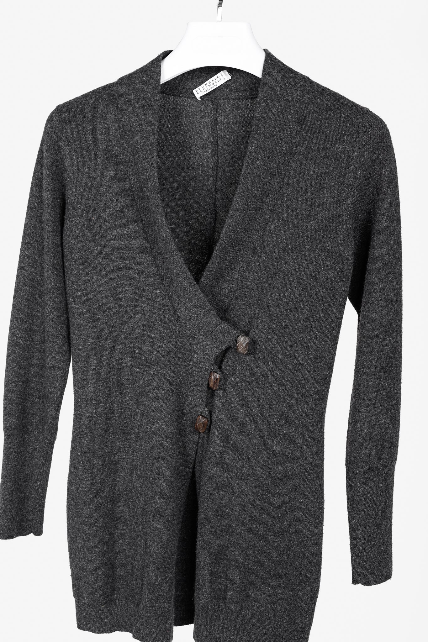 Brunello Cucinelli Grey Cashmere Buttoned V-Neck Cardigan