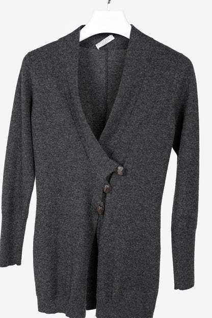 Brunello Cucinelli Grey Cashmere Buttoned V-Neck Cardigan