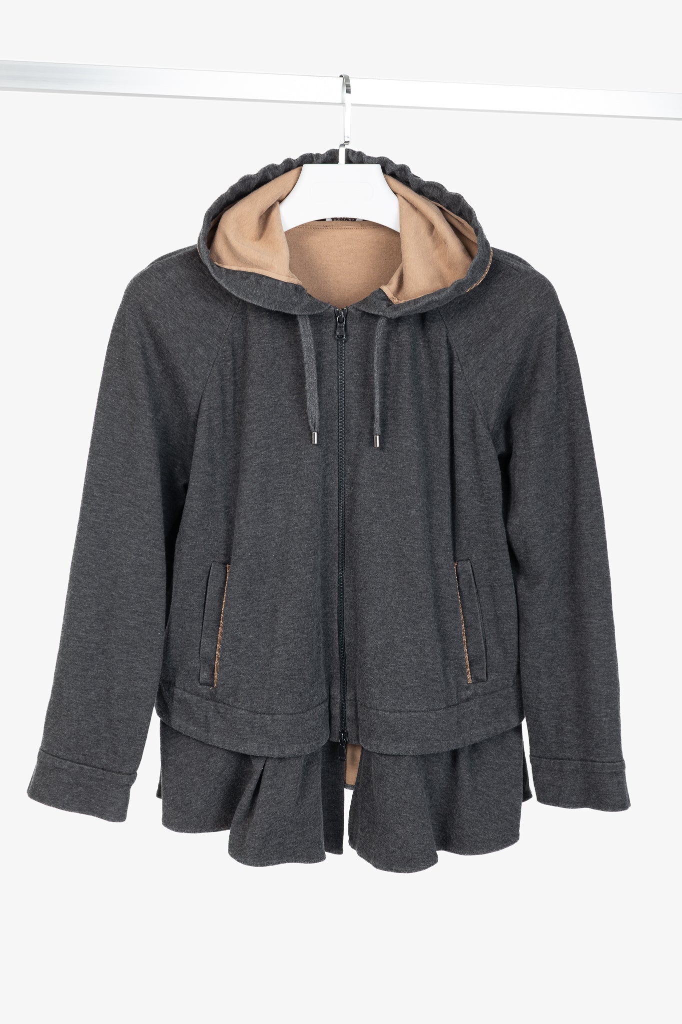Brunello Cucinelli Grey Cotton-Jersey Monili Peplum Hoodie