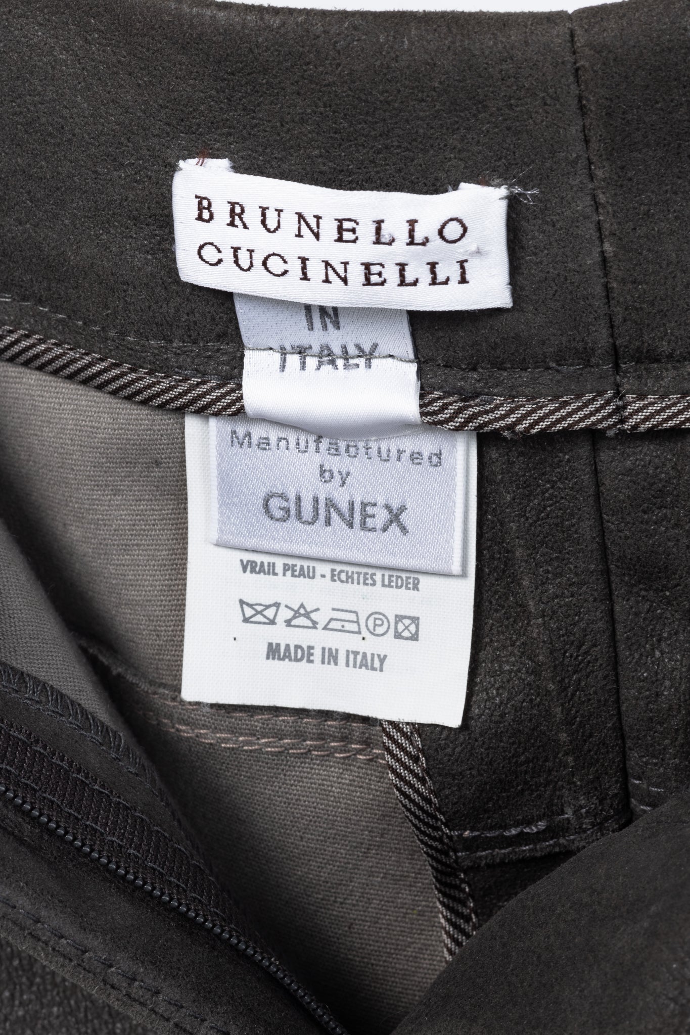 Brunello Cucinelli Grey Leather Panelled Skinny Pants
