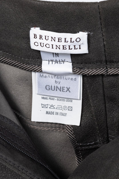 Brunello Cucinelli Grey Leather Panelled Skinny Pants