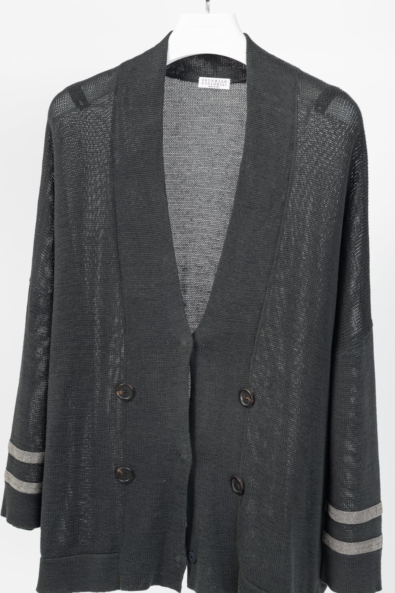 Brunello Cucinelli SS/16 Grey Monili-Cuff Cotton-Knit Cardigan