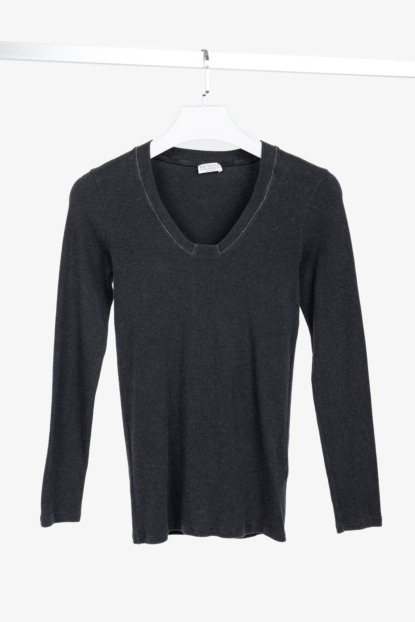 Brunello Cucinelli Grey Cotton-Knit Monili-Bead Pullover