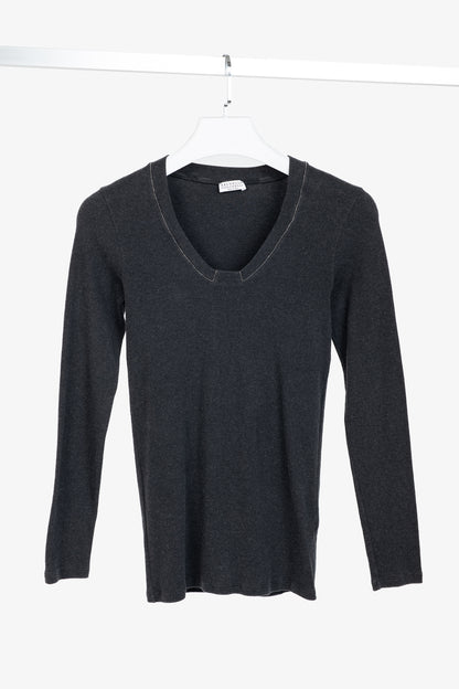 Brunello Cucinelli Grey Cotton-Knit Monili-Bead Pullover