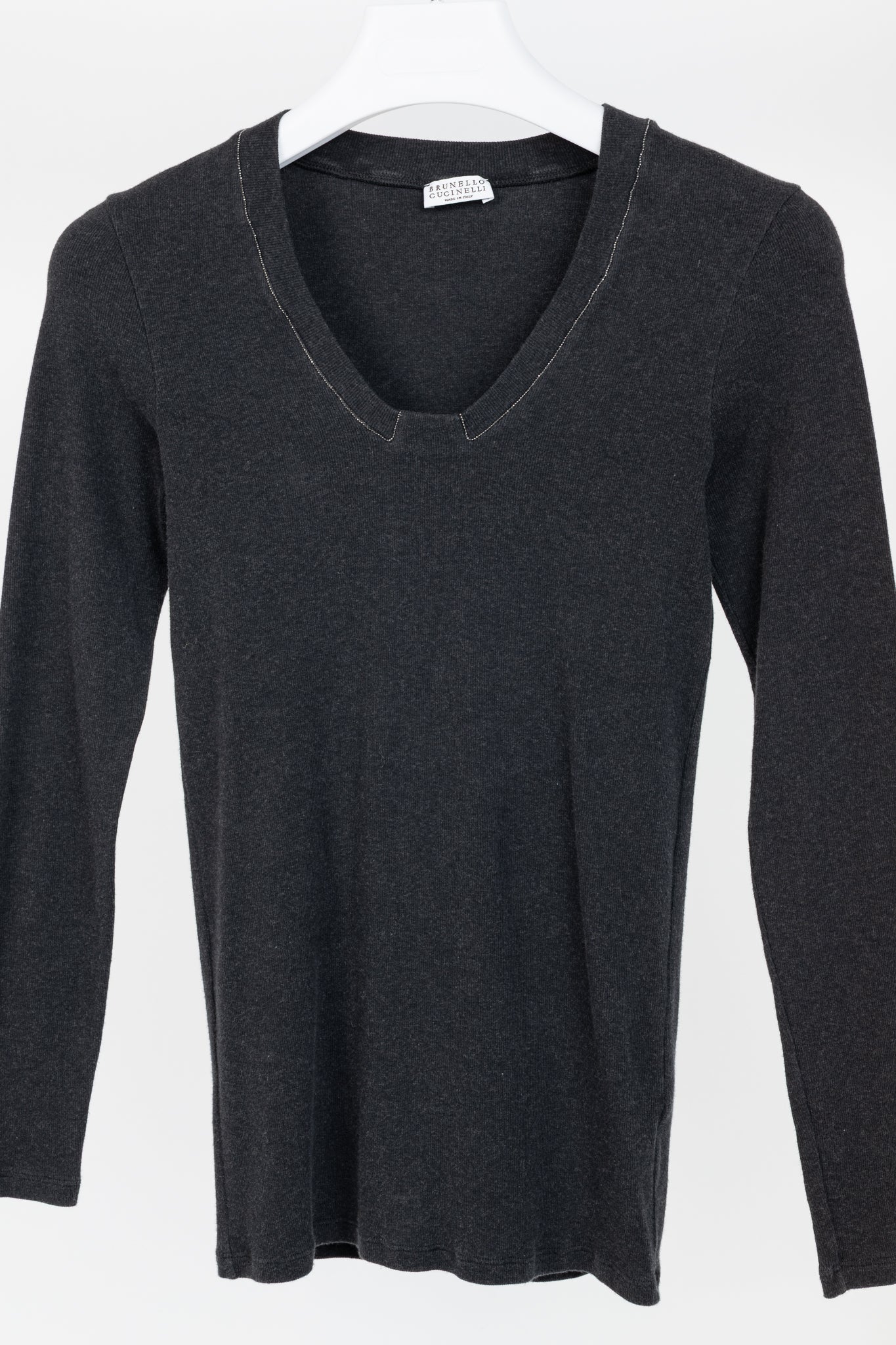 Brunello Cucinelli Grey Cotton-Knit Monili-Bead Pullover