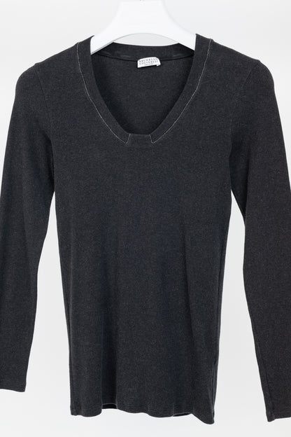 Brunello Cucinelli Grey Cotton-Knit Monili-Bead Pullover