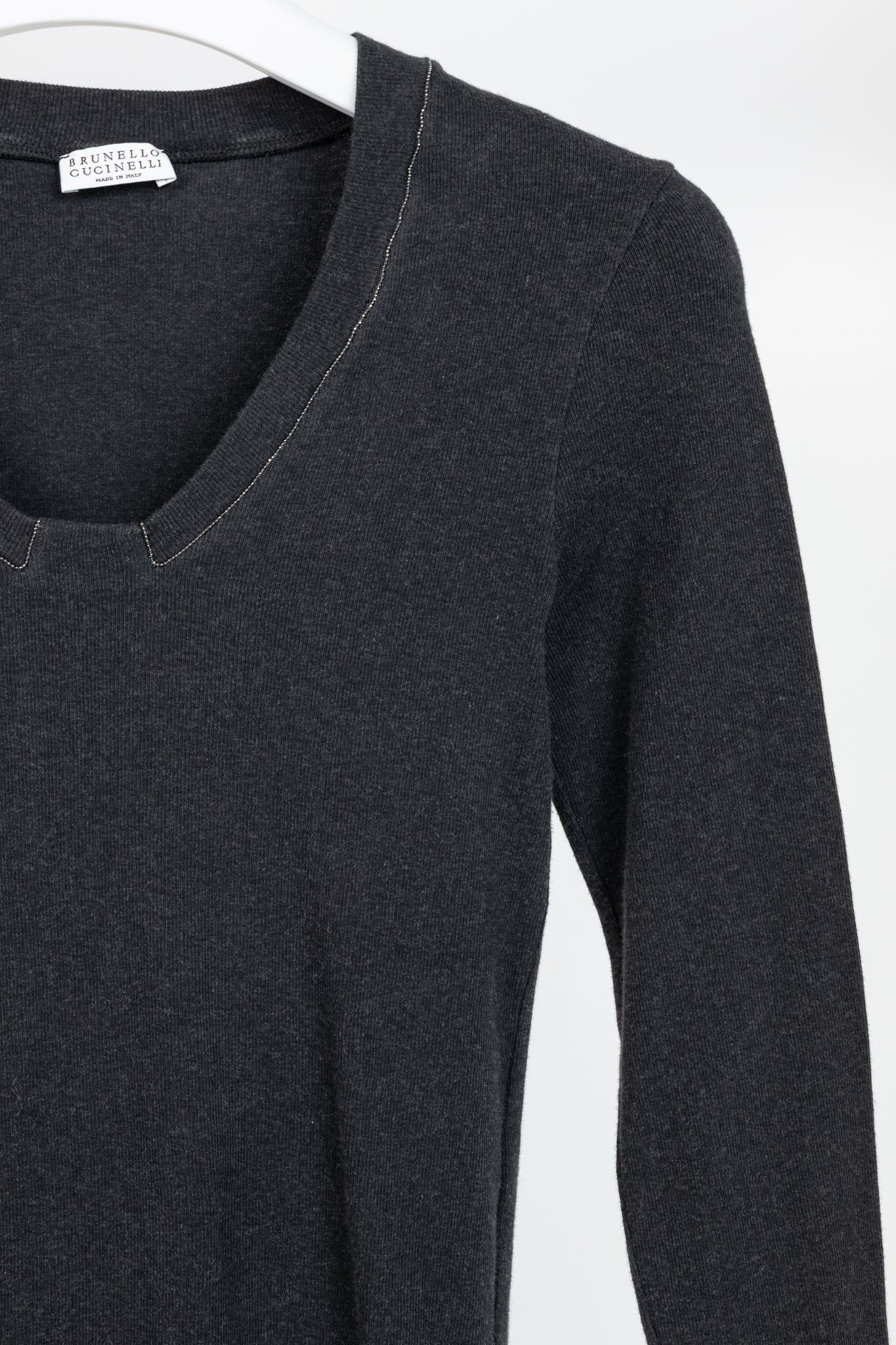 Brunello Cucinelli Grey Cotton-Knit Monili-Bead Pullover