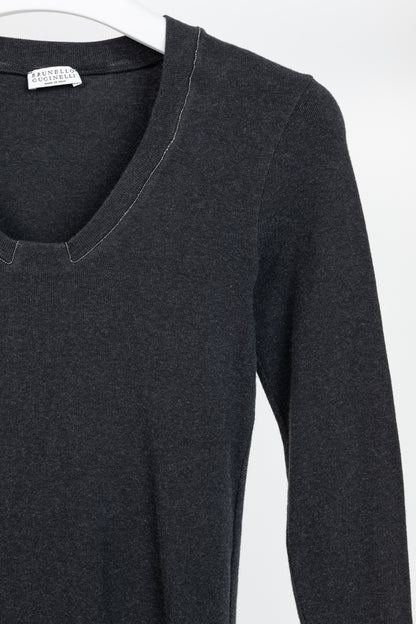 Brunello Cucinelli Grey Cotton-Knit Monili-Bead Pullover