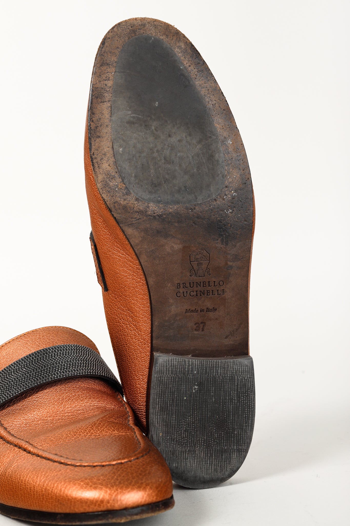 Brunello Cucinelli Metallic Copper Orange Monili Loafer Mule