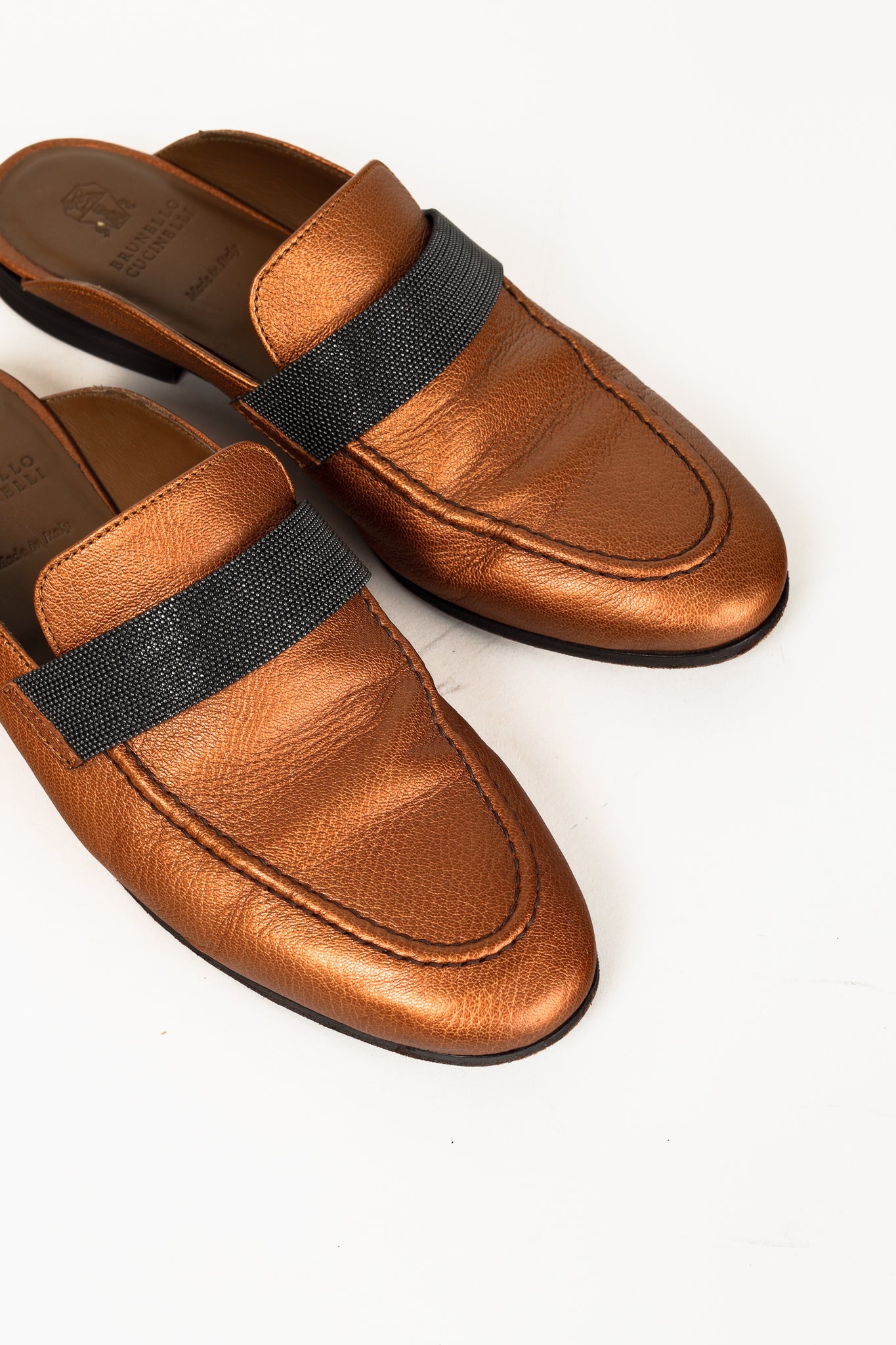 Brunello Cucinelli Metallic Copper Orange Monili Loafer Mule