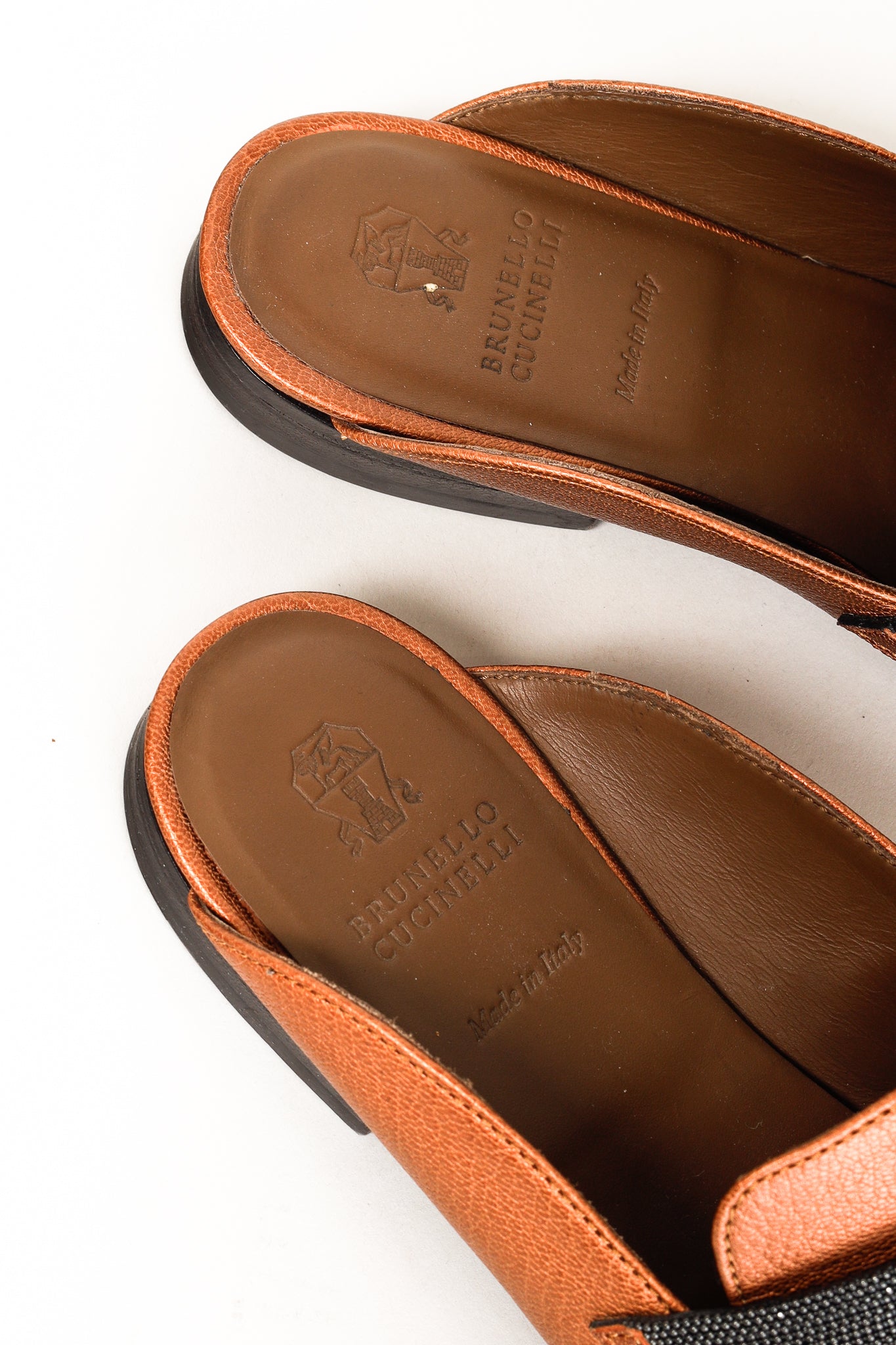 Brunello Cucinelli Metallic Copper Orange Monili Loafer Mule