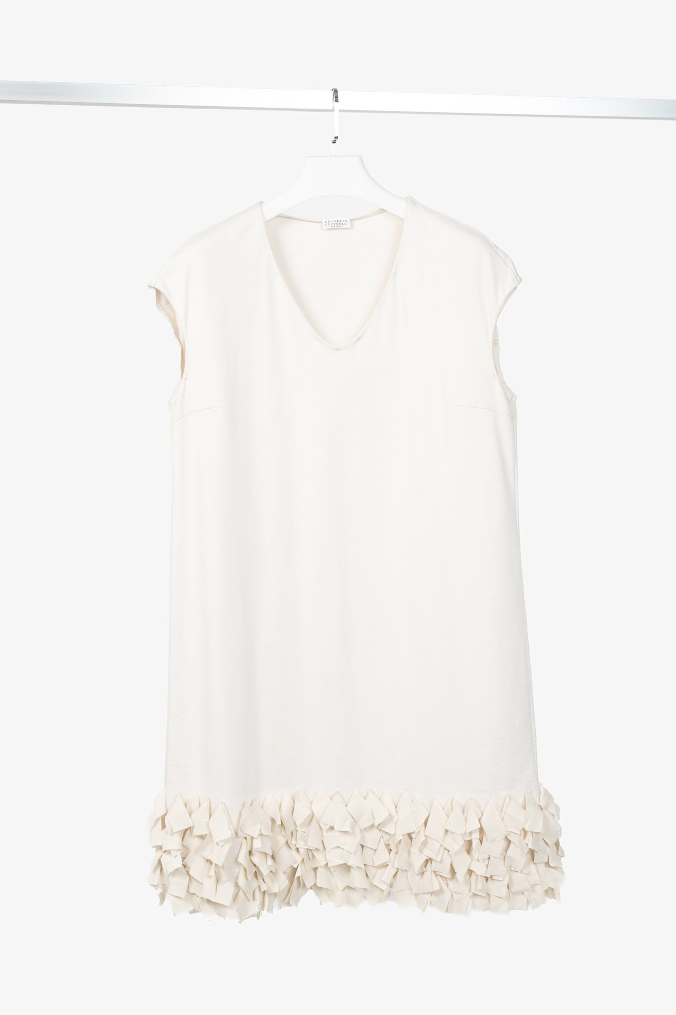 Brunello Cucinelli Oatmeal Cotton-French Terry Fringe-Hem Shift Dress