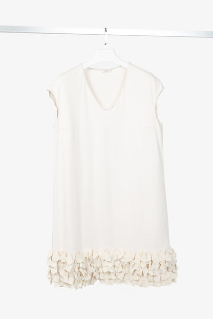 Brunello Cucinelli Oatmeal Cotton-French Terry Fringe-Hem Shift Dress