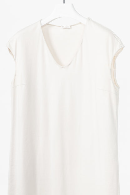 Brunello Cucinelli Oatmeal Cotton-French Terry Fringe-Hem Shift Dress