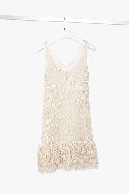 Brunello Cucinelli Oatmeal Cotton-Knit Fringe-Hem Dress