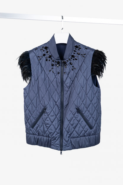 Brunello Cucinelli AW/14 Blue Quilted Silk Crystal Feather-Trim Vest