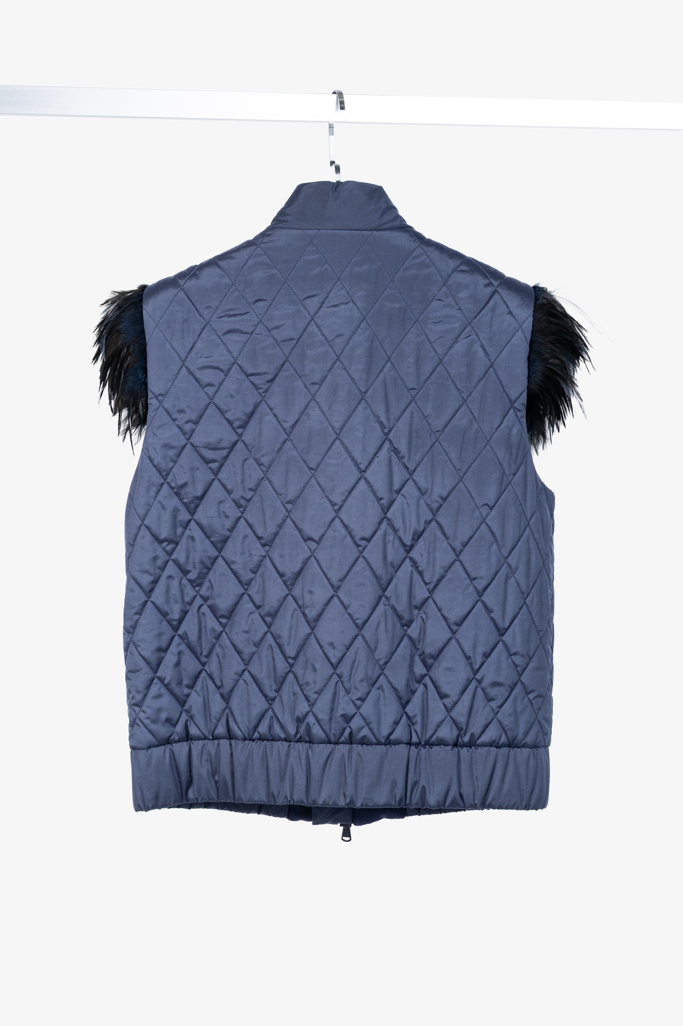 Brunello Cucinelli AW/14 Blue Quilted Silk Crystal Feather-Trim Vest