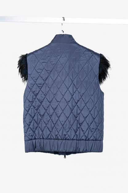 Brunello Cucinelli AW/14 Blue Quilted Silk Crystal Feather-Trim Vest
