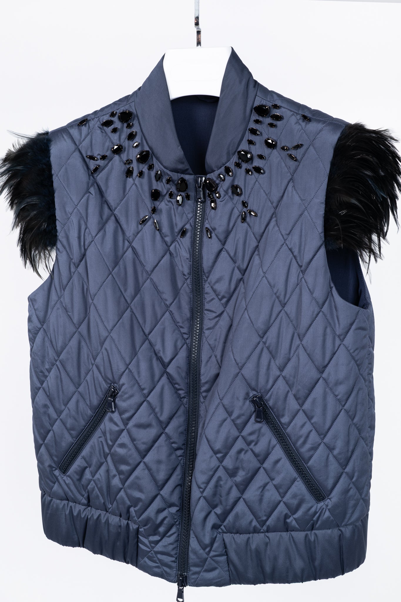 Brunello Cucinelli AW/14 Blue Quilted Silk Crystal Feather-Trim Vest