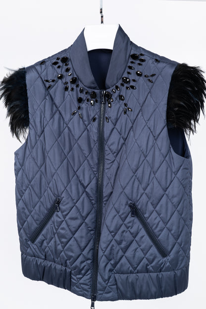 Brunello Cucinelli AW/14 Blue Quilted Silk Crystal Feather-Trim Vest