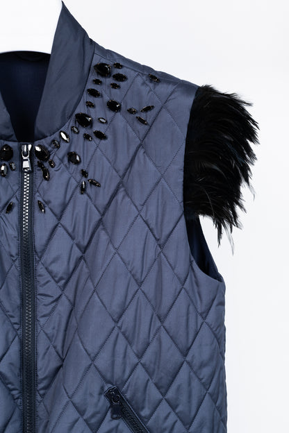 Brunello Cucinelli AW/14 Blue Quilted Silk Crystal Feather-Trim Vest
