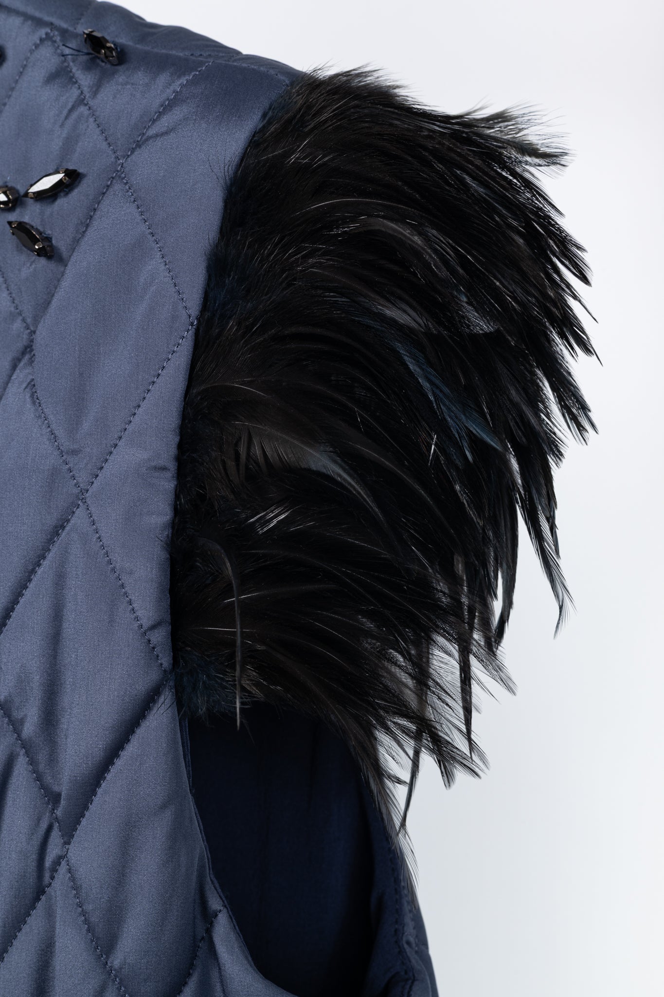 Brunello Cucinelli AW/14 Blue Quilted Silk Crystal Feather-Trim Vest