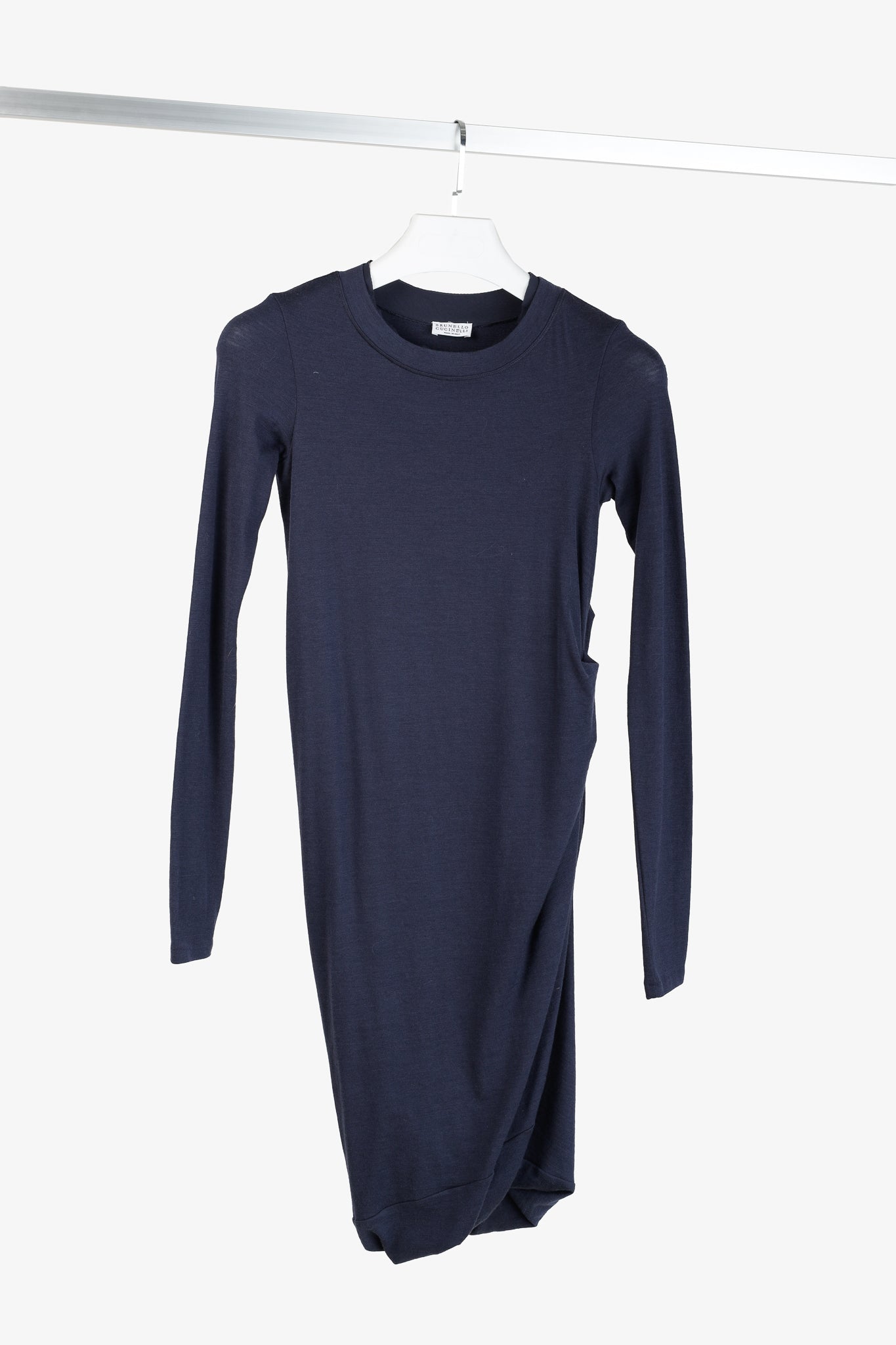 Brunello Cucinelli Navy Wool Ruched Long-Sleeve Bubble Hem Knit Dress