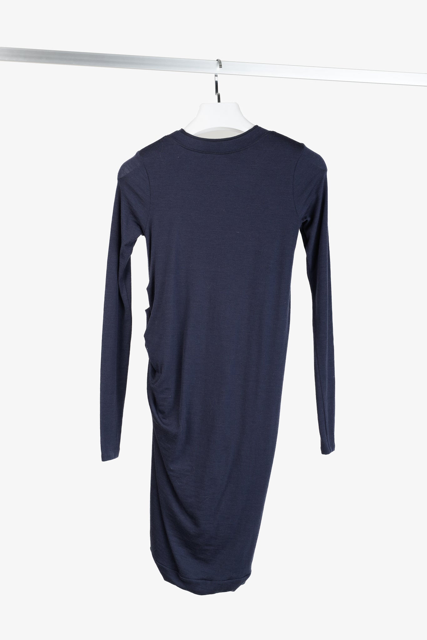 Brunello Cucinelli Navy Wool Ruched Long-Sleeve Bubble Hem Knit Dress