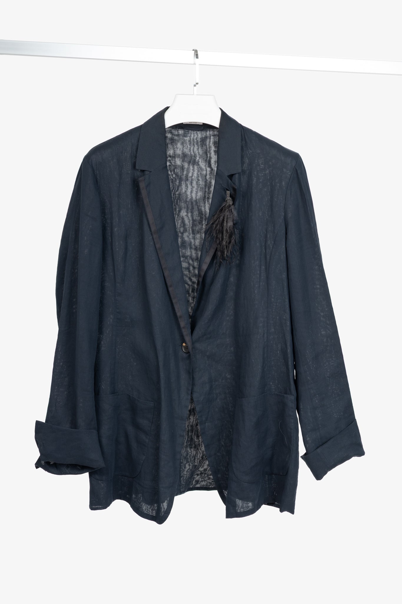 Brunello Cucinelli SS18 Navy Blue Cotton Feather-Monili-Brooch Blazer