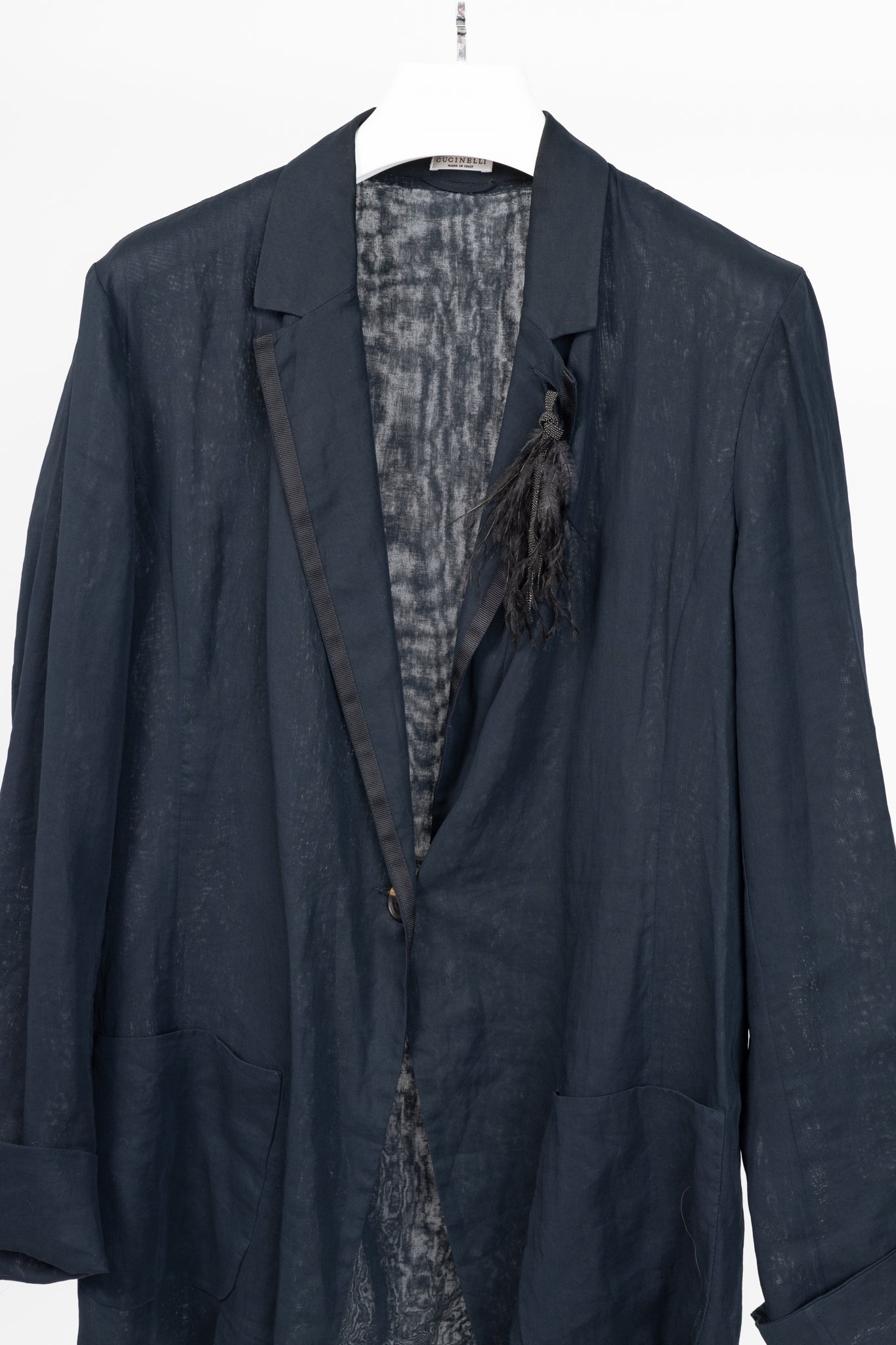 Brunello Cucinelli SS18 Navy Blue Cotton Feather-Monili-Brooch Blazer
