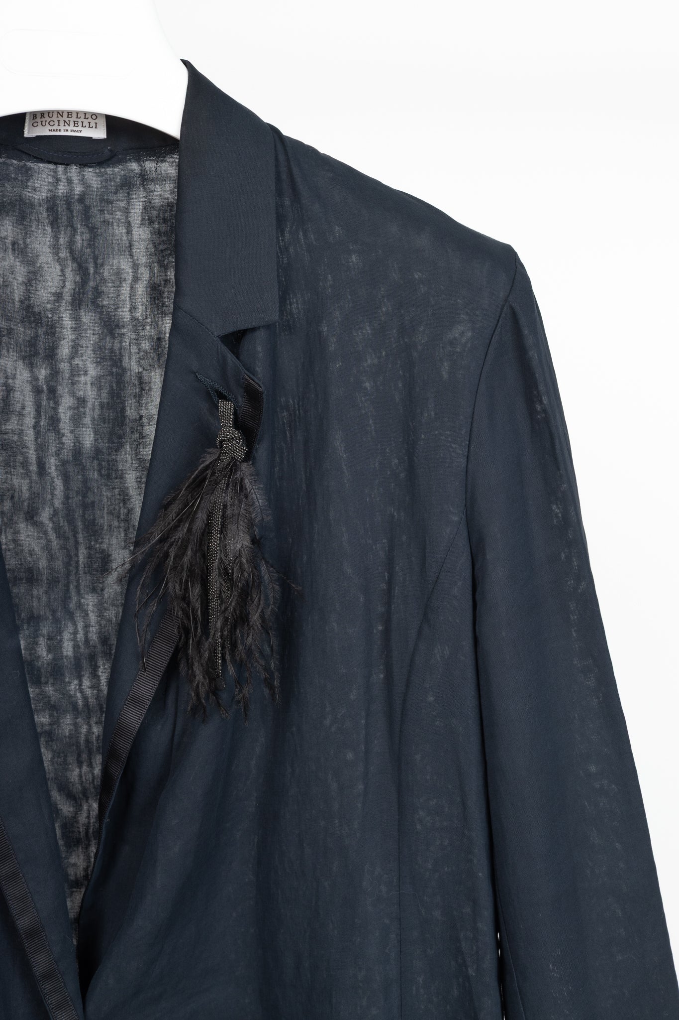 Brunello Cucinelli SS18 Navy Blue Cotton Feather-Monili-Brooch Blazer