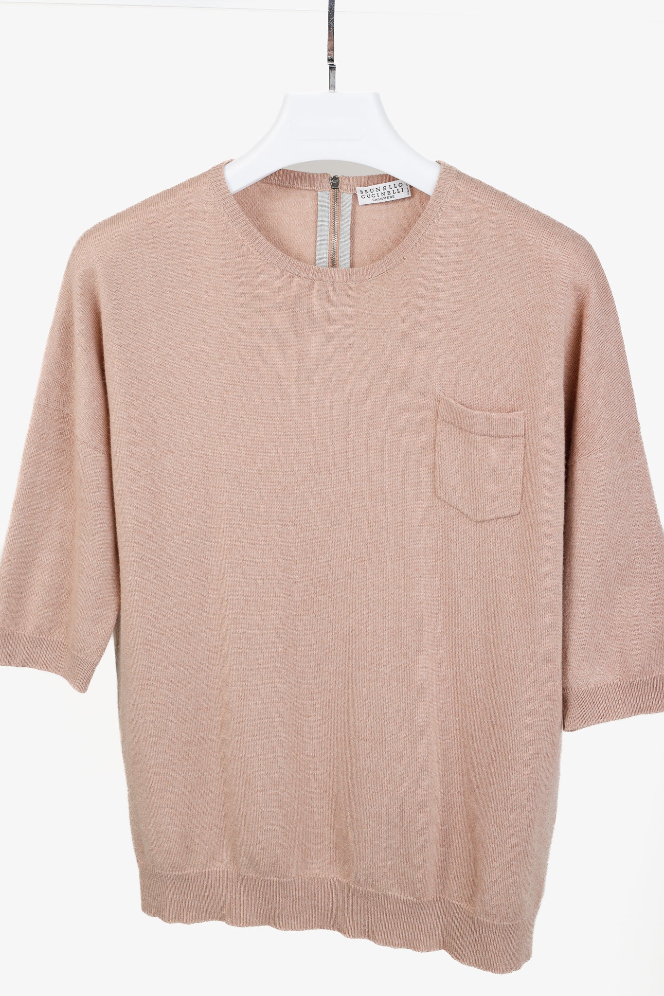 Brunello Cucinelli Pink Cashmere Front-Pocket Elbow-Sleeve Pullover