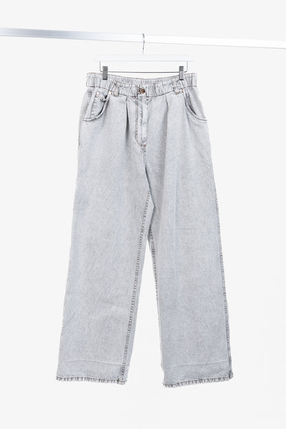 Brunello Cucinelli AW22 Grey Acid-Wash Elastic-Waist Wide-Leg Jeans