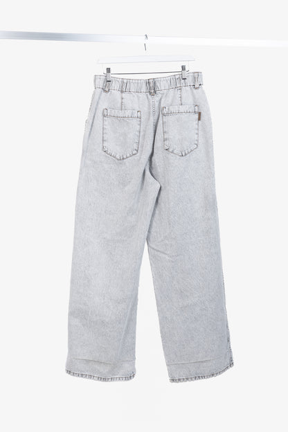 Brunello Cucinelli AW22 Grey Acid-Wash Elastic-Waist Wide-Leg Jeans