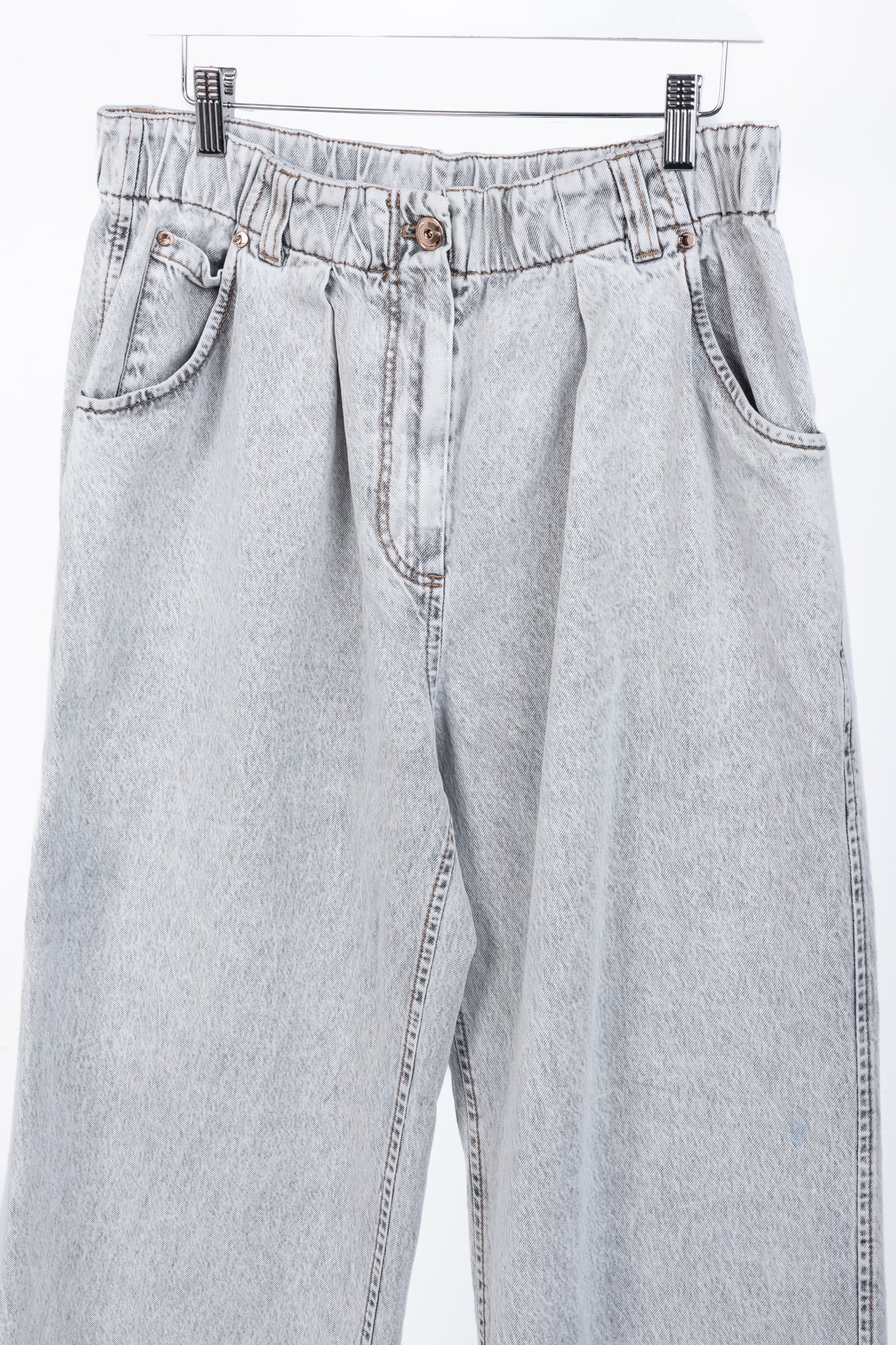Brunello Cucinelli AW22 Grey Acid-Wash Elastic-Waist Wide-Leg Jeans