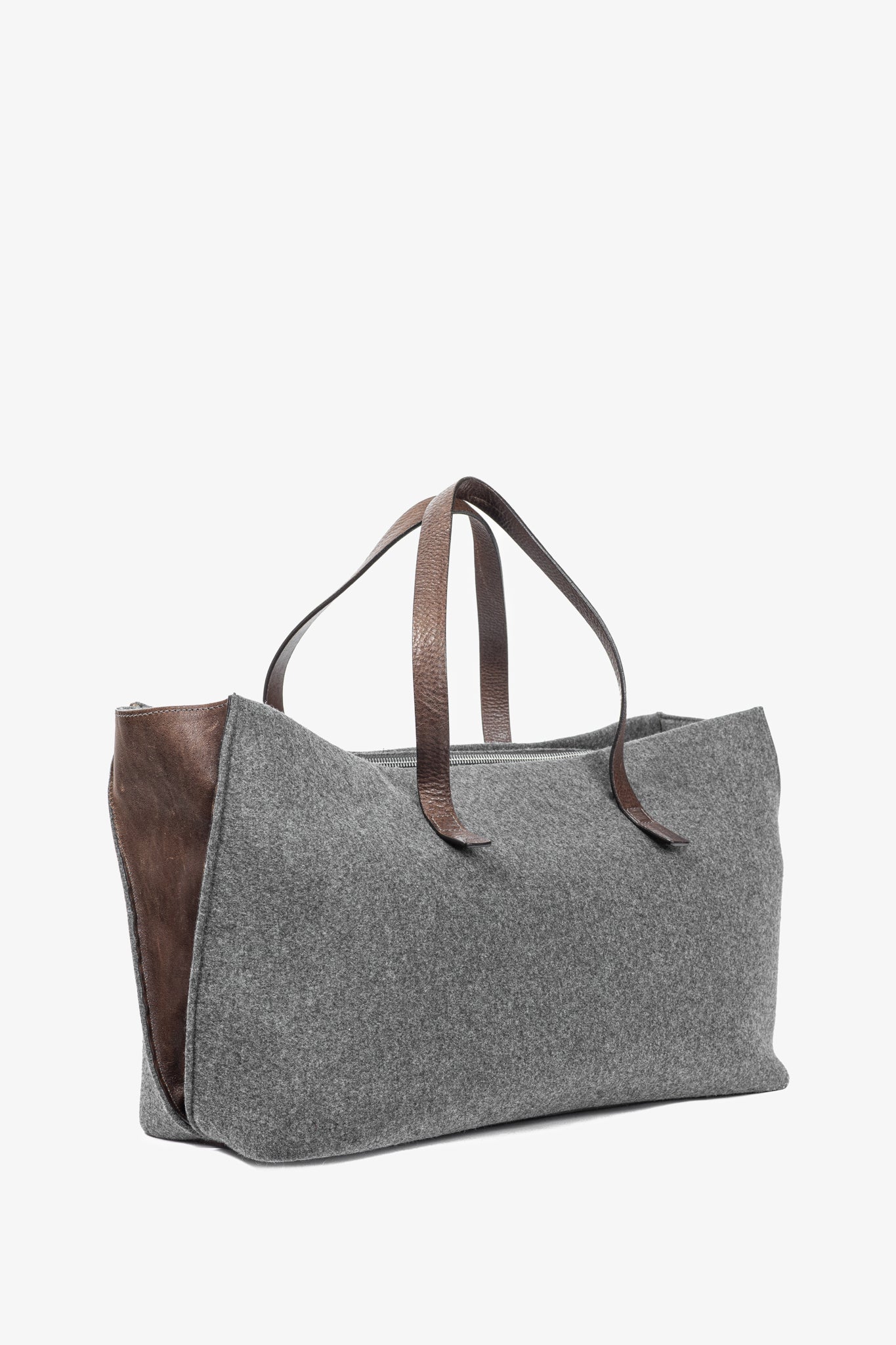 Brunello Cucinelli Grey Wool-Felt Leather-Trim Tote