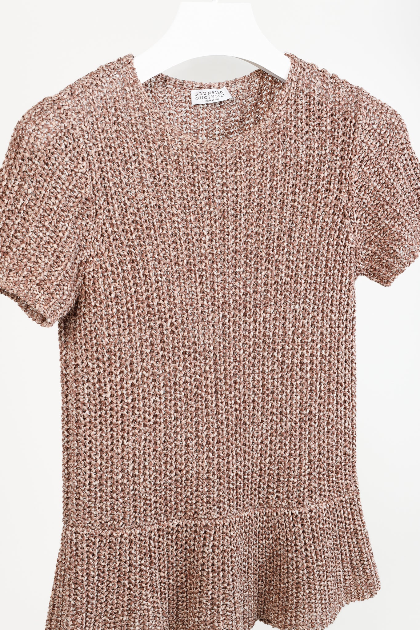 Brunello Cucinelli Salmon Chunky Cotton-Knit Short-Sleeve Sweater