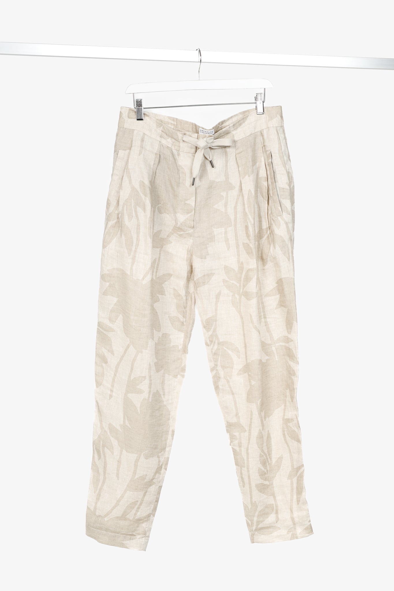 Brunello Cucinelli SS/24 Natural Ramage Floral-Print Linen Slouchy Trousers
