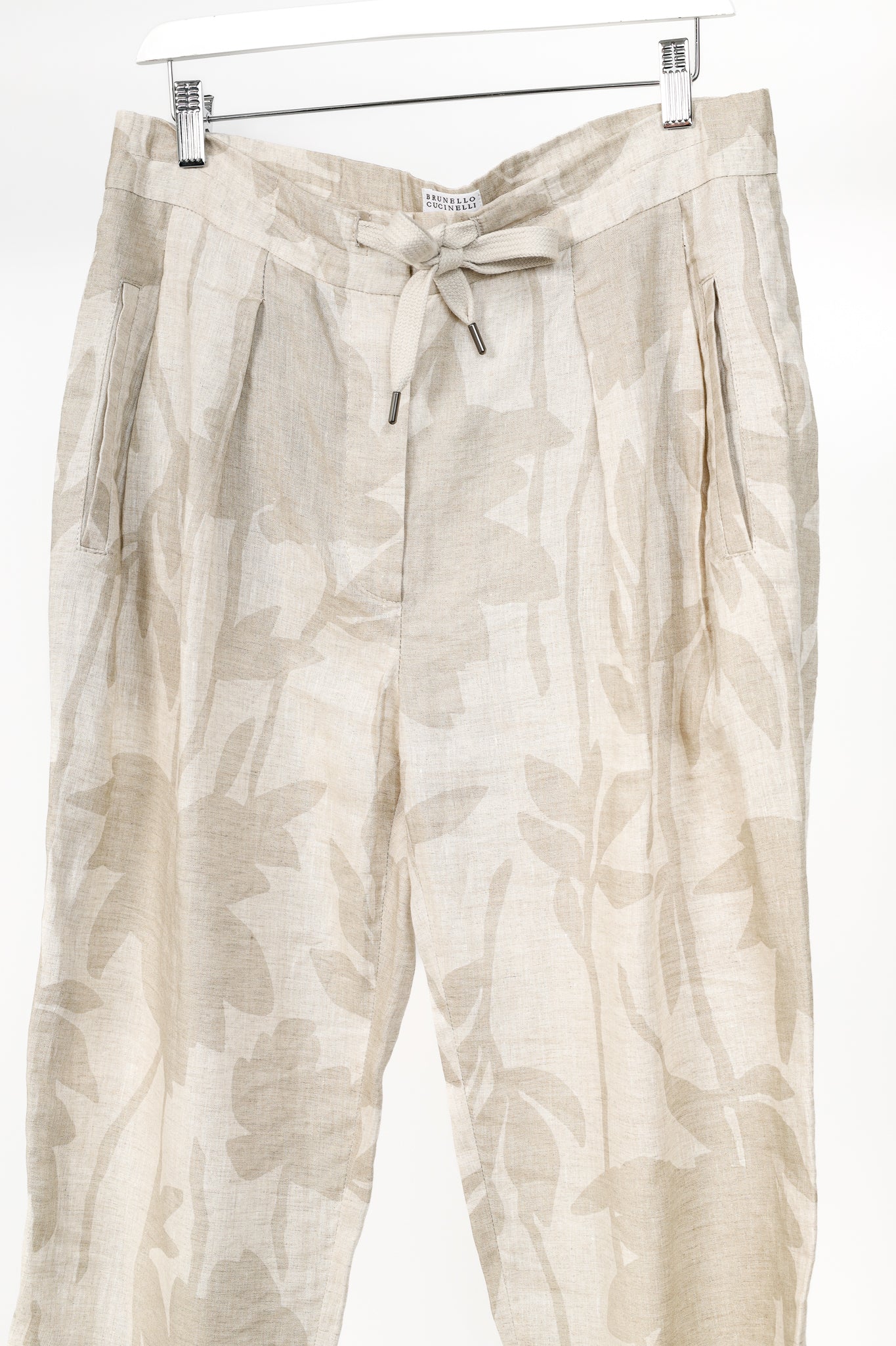 Brunello Cucinelli SS/24 Natural Ramage Floral-Print Linen Slouchy Trousers