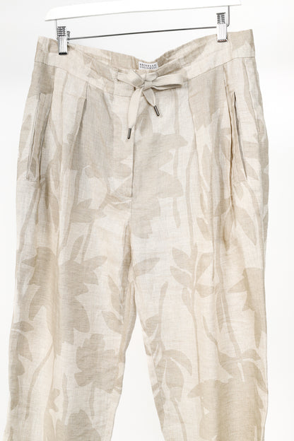 Brunello Cucinelli SS/24 Natural Ramage Floral-Print Linen Slouchy Trousers