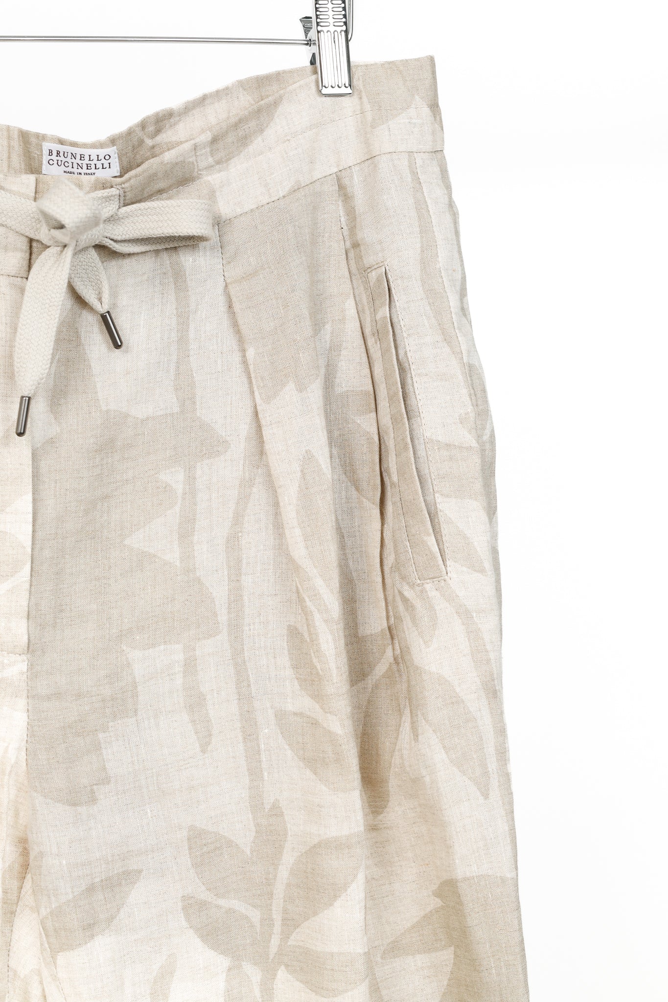 Brunello Cucinelli SS/24 Natural Ramage Floral-Print Linen Slouchy Trousers