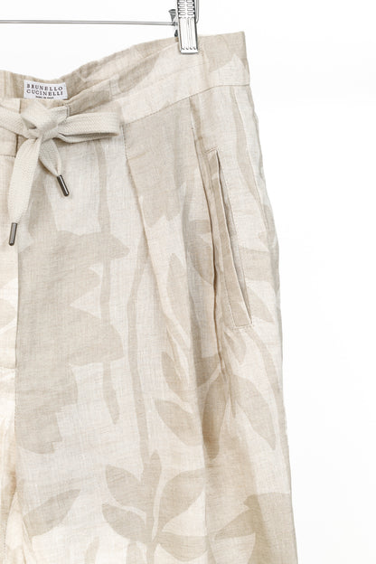 Brunello Cucinelli SS/24 Natural Ramage Floral-Print Linen Slouchy Trousers