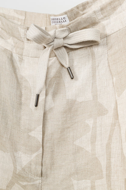 Brunello Cucinelli SS/24 Natural Ramage Floral-Print Linen Slouchy Trousers