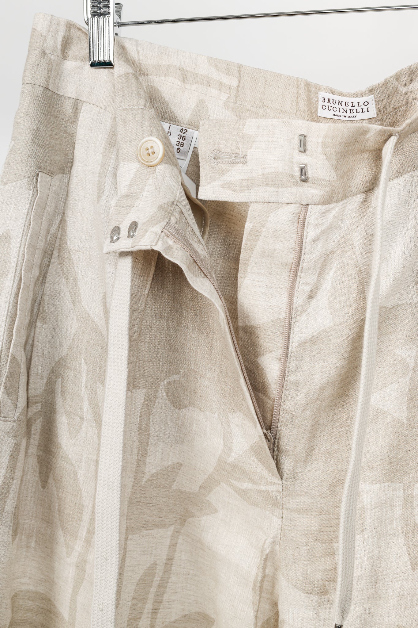 Brunello Cucinelli SS/24 Natural Ramage Floral-Print Linen Slouchy Trousers