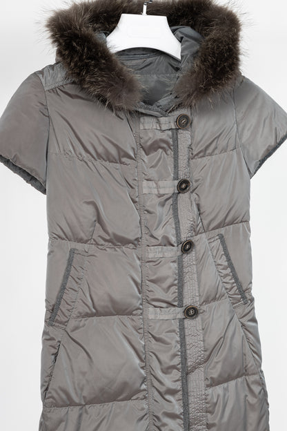 Brunello Cucinelli Grey Quilted Fur-Hood Cap-Sleeve Puffer Down Coat