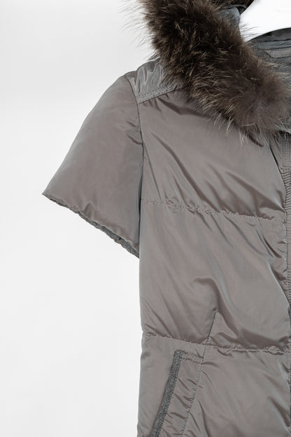 Brunello Cucinelli Grey Quilted Fur-Hood Cap-Sleeve Puffer Down Coat