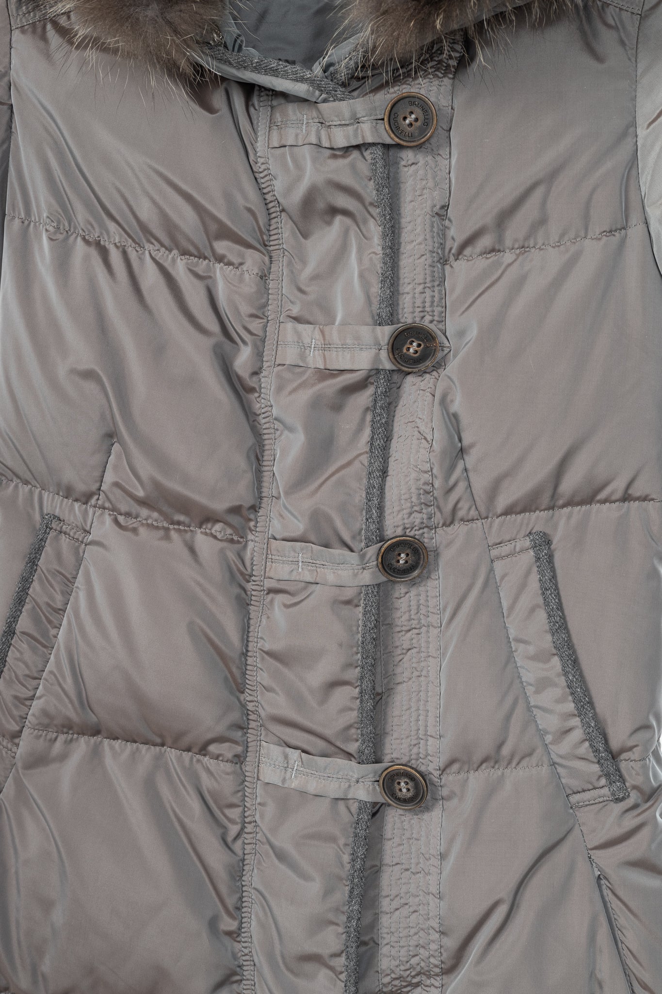 Brunello Cucinelli Grey Quilted Fur-Hood Cap-Sleeve Puffer Down Coat