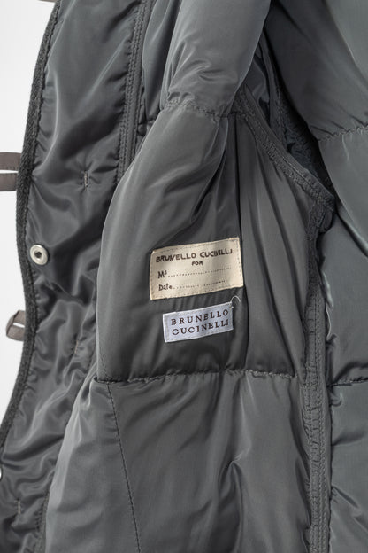 Brunello Cucinelli Grey Quilted Fur-Hood Cap-Sleeve Puffer Down Coat